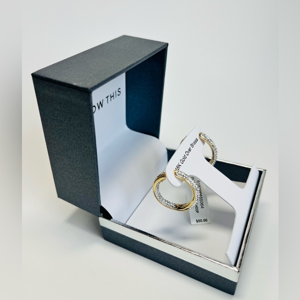 And Now This High Polished Hinged Crystal Pave Hoop Earring, Gold Plate - Picture 5 of 10